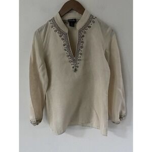 RAFAELLA Women Linen Boho Beige Peasant Tunic Top Hippie Beads Embroidered Small